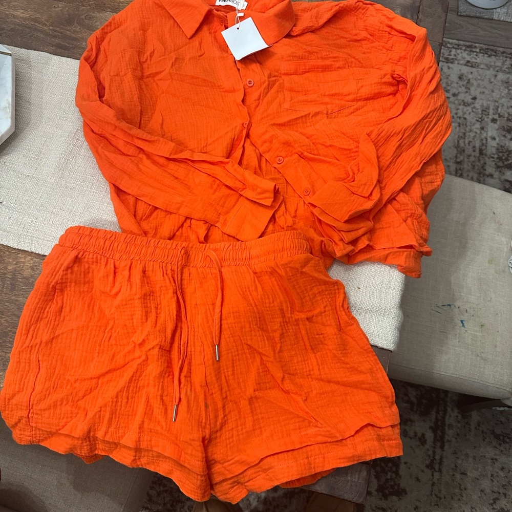 Bright Orange Button-Up Shirt and Shorts Set